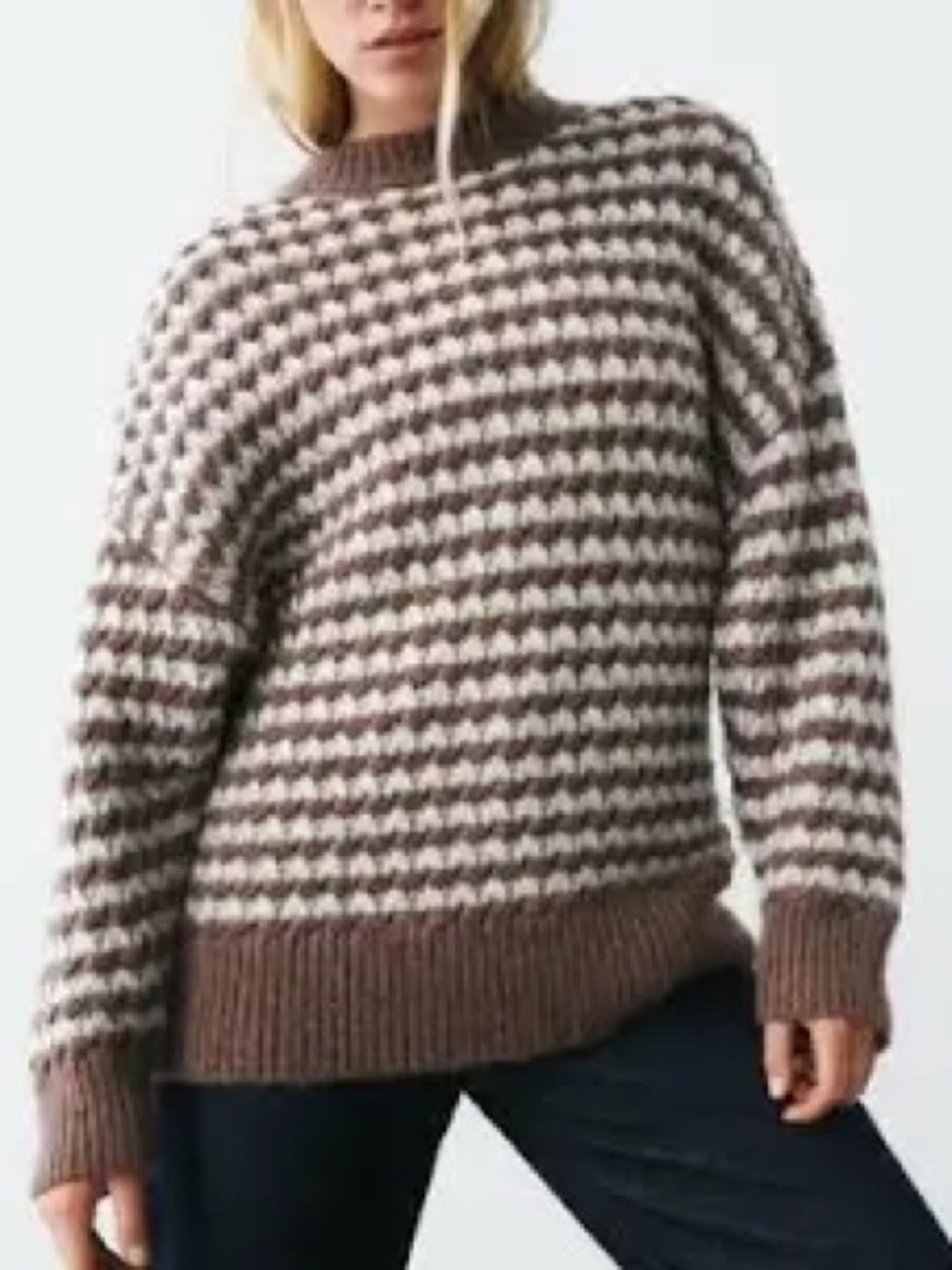 Zara chunky wool blend brown stripe sweater featuring textured oversized  Small